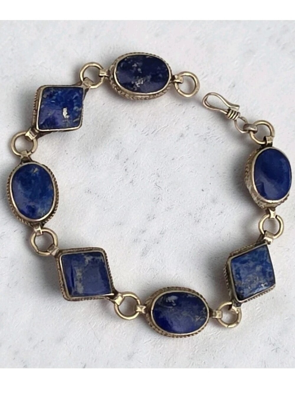Vintage Lapis Lazuli Blue Stone Link Bracelet Silver Tone Oval Rhombus 7.75"